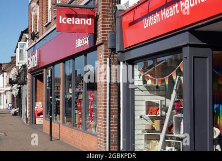 BILLERICAY, UNITED KINGDOM - Jun 13, 2021: A view of shops along the High Street with no people, Billericay, Essex, UK Stock Photo