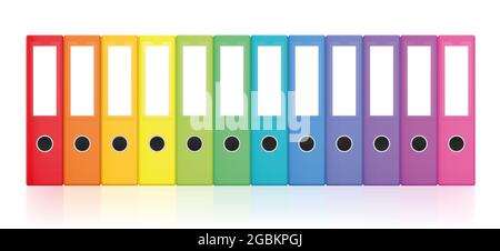 Rainbow colored set of ring binders, colorful blank leaf binder map collection for happy office organization work and orderly filing. Stock Photo
