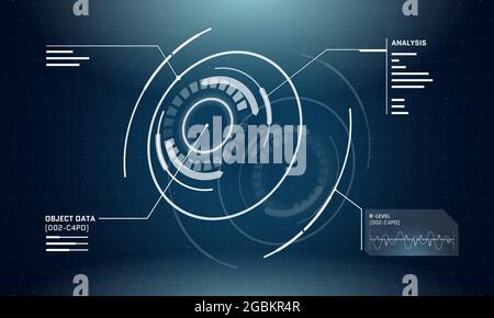Abstract 3d futuristic technology HUD circle elements. Digital cyberpunk interface screen design. Techno infographics panel. Vector science and technology GUI UI dashboard eps illustration Stock Vector
