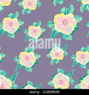 Pink flowers on violet background. Colored pencils texture. Retro style floral pattern. Seamless pattern. Pastel colors. Stock Photo
