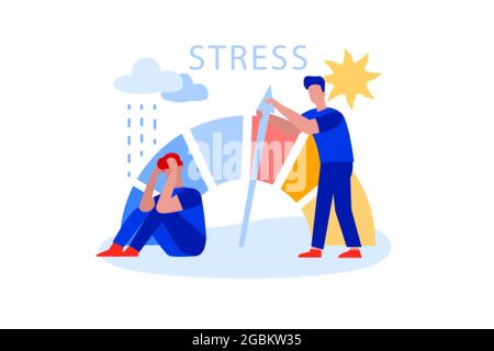 Flat man reducing stress level, solves problems and reduces psychological pressure. Employee struggling with arrow of crisis measure. Tired person frustrations at work. Exhaustion overload concept. Stock Vector