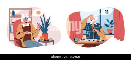 Flat older woman and pension man suffer from alzheimer disease, dementia or forgetfulness. Elderlies in home interior with brain problems, mental illness, health disorder or loss of short-term memory. Stock Vector