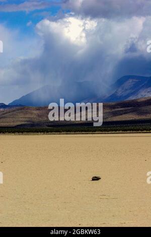 The Racetrack Playa lies in the remote northwestern corner of Death Valley National Park's high desert country. Stock Photo