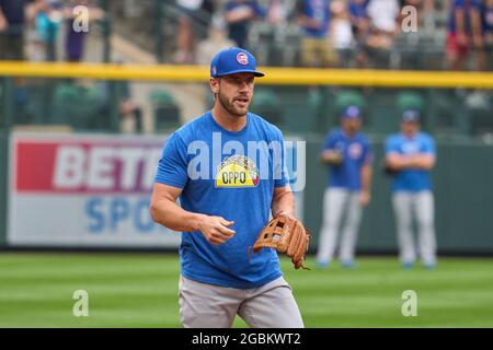 August 4 2021: Chicago Cubs third baseman Patrick Wisdom (16) smiles after  the game with the