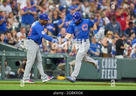 August 3 2021: Chicago Cubs left fielder Ian Happ (8) hits a homer during the game with the Chicago Cubs and the Colorado Rockies held at Coors Field in Denver Co. David Seelig/Cal Sport Medi Stock Photo