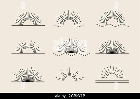 Vector Sun set of black linear boho icons and symbols, sun logo design templates, abstract design elements for decoration in modern minimalist style Stock Vector