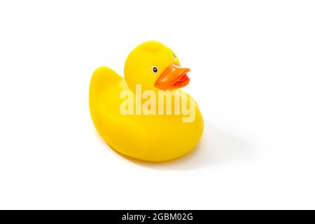 Yellow rubber toy duck isolated on White Background Stock Photo