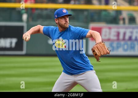 April 16 2022: Chicago third baseman Patrick .Wisdom (16) during pregame  with Chicago Cubs and Colorado Rockies held at Coors Field in Denver Co.  David Seelig/Cal Sport Medi(Credit Image Stock Photo - Alamy