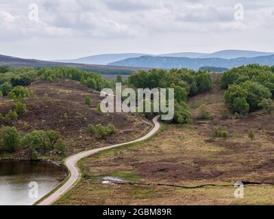 A narrow country lane winds through moorland hills under the mountains of the Highlands of Scotland. Stock Photo