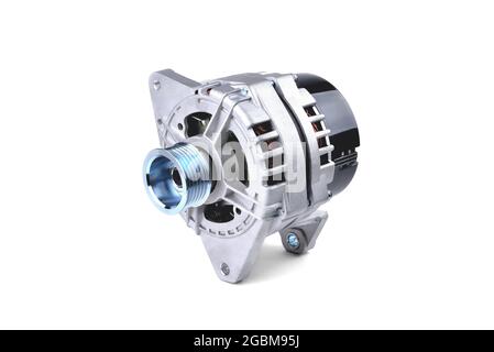car generator, car electrical network element on white background, close-up selective focus Stock Photo
