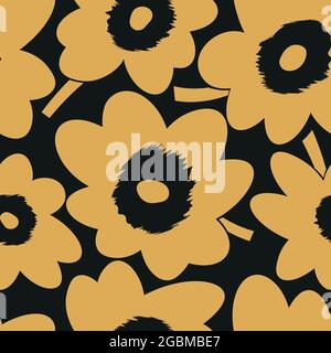 Seamless cute pattern of large yellow flowers on black background.Endless floral ornament with beautiful blossoms.Colourful backdrop for fabric Stock Vector