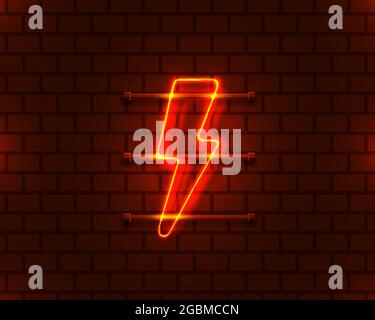 Neon sign of lightning signboard on the red background. Vector illustration Stock Vector