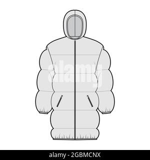 Down puffer jacket coat technical fashion illustration with hoody collar, zip-up closure, pockets, oversized, thigh length, wide quilting. Flat template front, grey color style. Women, men, CAD mockup Stock Vector