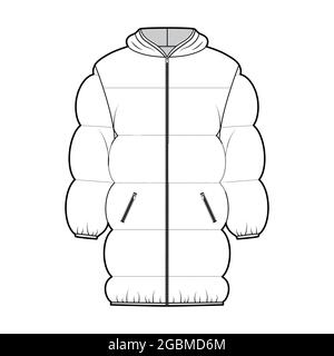 Down puffer jacket coat technical fashion illustration with zip-up closure, pockets, oversized, thigh length, wide quilting. Flat template front, white color style. Women, men, unisex top CAD mockup Stock Vector