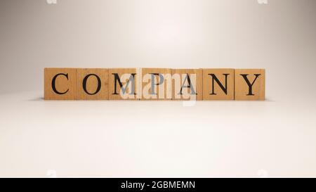 Company name was created from wooden letter cubes. Economics and Finance. close up. Stock Photo