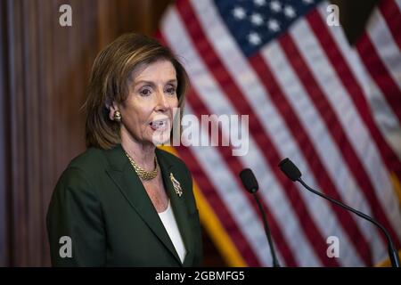 Washington, United States. 04th Aug, 2021. U.S. House Speaker Nancy Pelosi (D-CA) delivers remarks during a bill enrollment ceremony for H.R. 3325 at the U.S. Capitol in Washington DC, on Wednesday, August 4, 2021. The bill will award Congressional Gold Medals to US Capitol Police who protected the Capitol on January 6th. Photo by Sarah Silbiger/UPI Credit: UPI/Alamy Live News Stock Photo