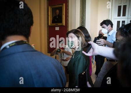 Washington, United States. 04th Aug, 2021. U.S. House Speaker Nancy Pelosi (D-CA) speaks to reporters following a bill enrollment ceremony for H.R. 3325 at the U.S. Capitol in Washington DC, on Wednesday, August 4, 2021. The bill will award Congressional Gold Medals to US Capitol Police who protected the Capitol on January 6th. Photo by Sarah Silbiger/UPI Credit: UPI/Alamy Live News Stock Photo