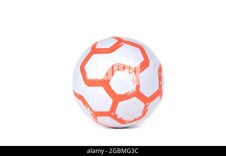 White futsal soccer ball with orange hexagon stripes isolated on white background Stock Photo