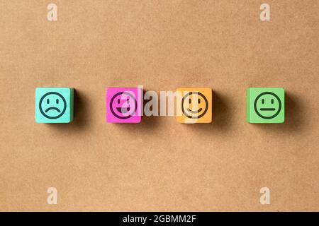 Emoticon faces in colors wooden blocks over brown paper. Service evaluation and satisfaction survey concepts. Angry, neutral, good mood and happy. Cop Stock Photo