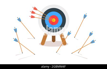Archery target ring with many missed arrows. Business goal failure ...