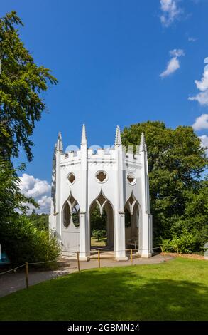 Exterior of the white Gothic Temple folly in the Hamilton Landscapes of Painshill Park, landscaped gardens in Cobham, Surrey, south-east England, UK Stock Photo