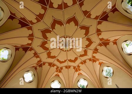 Decorated ceiling inside the Gothic Temple in the Hamilton Landscapes of Painshill Park, landscaped gardens in Cobham, Surrey, south-east England, UK Stock Photo
