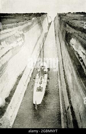 The 1912 caption reads: “Canal that Nero Dreamed of - This is one of the wonderful canals which helped to shorten the journey around the world. It is the Corinth Canal, cut through the Isthmus of Corinth, and it enables ships to go to Athens and then on through the blue Aegean Sea to Constantinople without having to sail round the rocky coast of Morea, in the south of Greece. When the Roman emperor Nero was young and energetic, he caused this canal to be be begun, but the work was put off and never resumed until our own time. It is 3.2 miles long, and was cut through limestone rock in one part Stock Photo