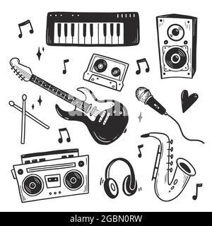 Music doodle hand drawn set, boombox, guitar, microphone. Doodle sketch style. Drawing line simple musical instrument icon. Isolated vector illustration. Stock Vector