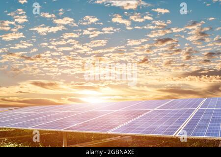 Photovoltaic modules panels at sunset sky background. Solar cells generating electricity. Future energy environmental concept. Stock Photo
