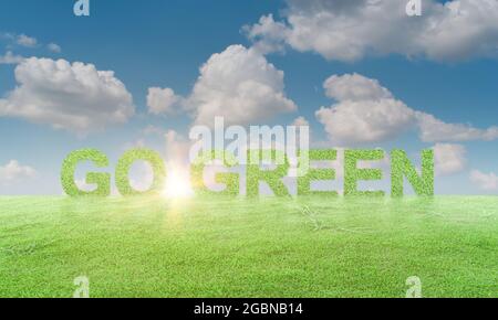 Go Green on grass field against blue sky background. ecology concept Stock Photo