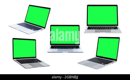 Collection of Laptop with blank green screen isolated on white background with clipping path Stock Photo