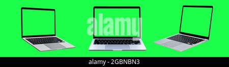 Collection of Laptop or notebook with blank green screen isolated on green background Stock Photo