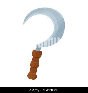 Scythe from wood and metal in cartoon style, farm equipment isolated on white background. Fantasy magical tool. Ui game asset. Vector illustration Stock Vector
