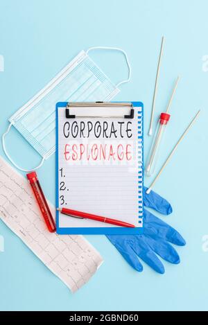 Text caption presenting Corporate Espionage. Conceptual photo form of espionage conducted for commercial purpose Writing Important Medical Notes Stock Photo