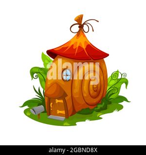 Fairy snail house, gnome and elf dwelling. Cartoon vector fairy home in cochlea spiral shell placed on green field with bushes and grass. Cute fantasy Stock Vector
