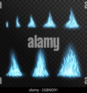 Burning gas blue fire flames, vector campfire blaze 3d effect for animation. Flaring stages from small to big. Realistic glow bonfire, shining flare d Stock Vector