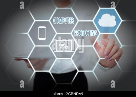 Conceptual caption Computer Protecting. Word for protecting computer against unauthorized intrusions Lady Holding Tablet Pressing On Virtual Button Stock Photo