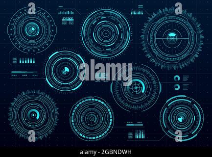 Circle futuristic HUD digital interface, data screen dashboard, vector round frames and borders. HUD aim controls and digital gauges, target aim and h Stock Vector
