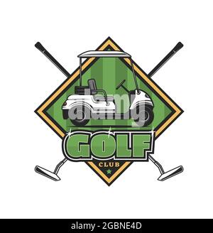 Golf club icon cart on green field and crossed clubs. Vector emblem with sticks and car. Sport equipment and transport for golf championship, tourname Stock Vector