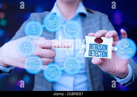 Handwriting text Intrusion Detection. Concept meaning monitors a network or systems for malicious activity Business Woman Pointing Jigsaw Puzzle Piece Stock Photo