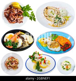 Various dishes of squid and cuttlefish with vegetables Stock Photo