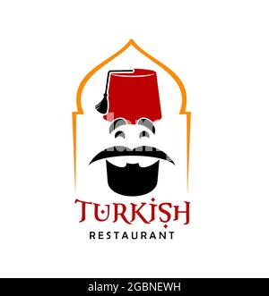 Turkish cuisine restaurant chef icon. Vector emblem with bearded Turk in traditional fez inside of arch isolated on white background. Turkey food labe Stock Vector