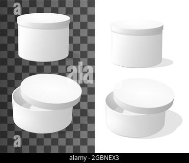 Round cardboard boxes, packaging 3d vector mockup. Blank closed and slightly ajar packages, carton paper packs, box for hat, gift or delivery parcel r Stock Vector
