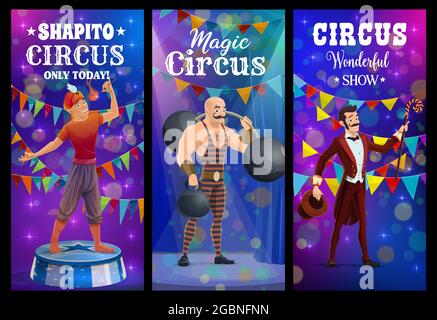 Shapito circus fire eater, strongman and magician, vector funfair carnival banners. Shapito circus show magician illusionist with hat, strongman with Stock Vector