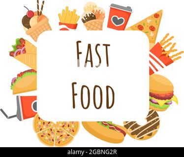 Set of Fast food Background Vector Illustration With Foods For Burger, Pizza, Donuts, French Fries, Hot Dog or Cola. Meal Unhealthy And Not Nutritious Stock Vector