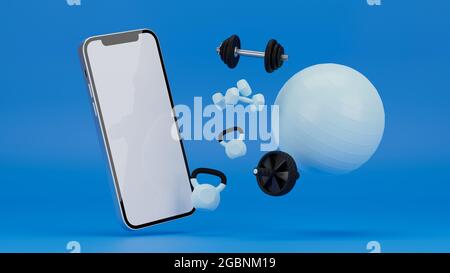 Online workout class concept, white screen phone mockup with sport equipment on blue isolated background, ab wheel, dumbbells, kettlebell, yoga ball, Stock Photo