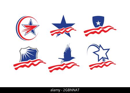 A Set of Blue Star and Shield with red Waving Flag Stock Vector