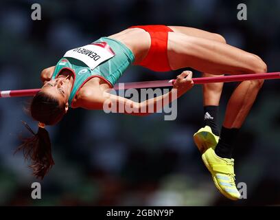 Tokyo, Japan. 5th Aug, 2021. Mirela Demireva of Bulgaria competes during the women's high jump qualification at Tokyo 2020 Olympic Games, in Tokyo, Japan, Aug. 5, 2021. Credit: Wang Lili/Xinhua/Alamy Live News Stock Photo