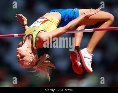 Tokyo, Japan. 5th Aug, 2021. Yuliya Levchenko of Ukraine competes during the women's high jump qualification at Tokyo 2020 Olympic Games, in Tokyo, Japan, Aug. 5, 2021. Credit: Wang Lili/Xinhua/Alamy Live News Stock Photo