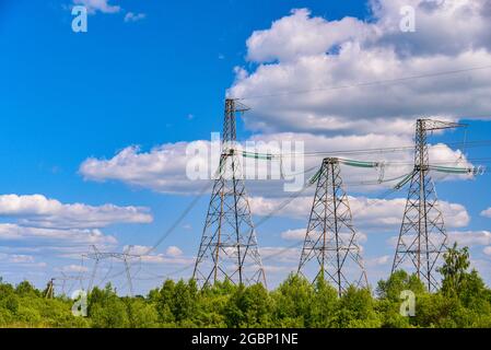 Strilky, Ukraine. 04th Aug, 2021. A view of Power lines, electric power transmissions at a field in western Ukraine. Credit: SOPA Images Limited/Alamy Live News Stock Photo